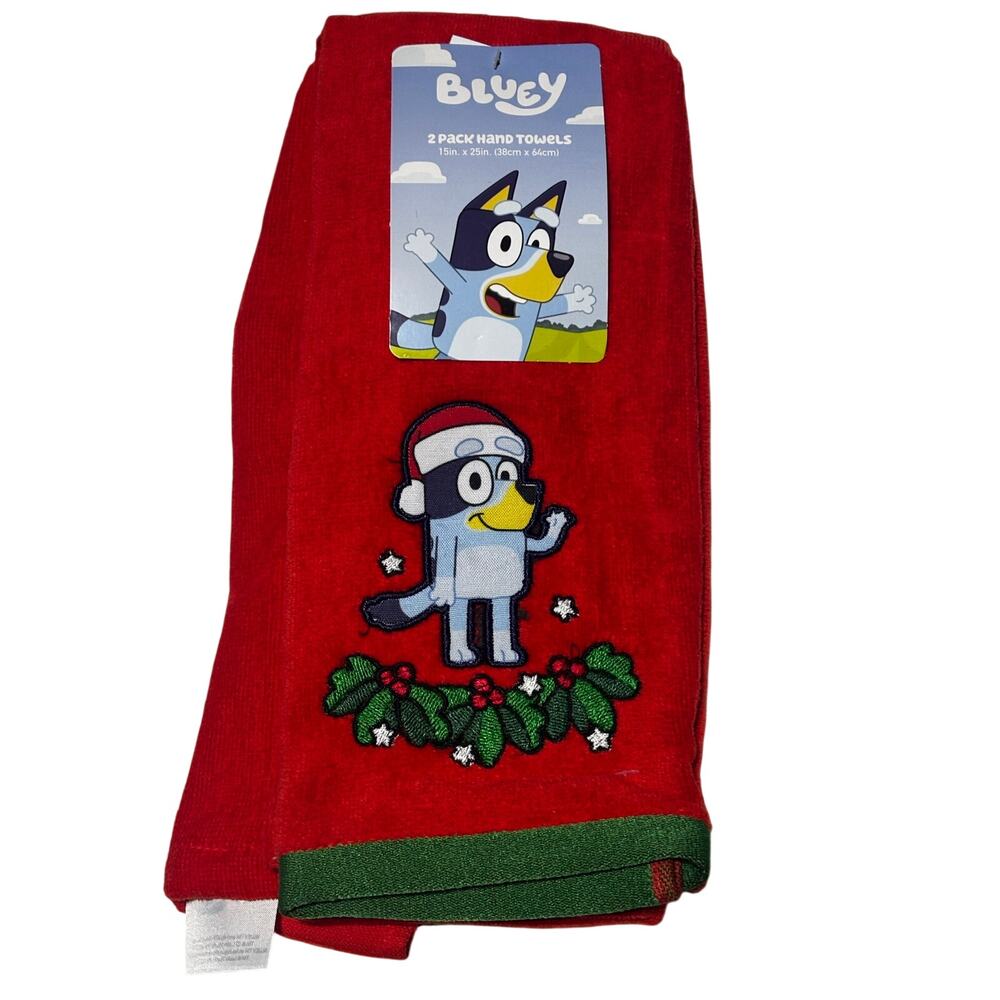 Bluey 2 pack red Christmas hand towels terry cloth nwt Santa hat Holly branches